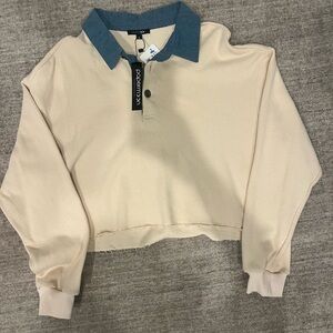 Brand new long sleeve cream shirt with denim collar